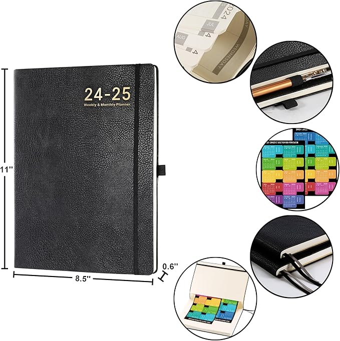 2024-2025 Planner - Weekly Monthly Planner 2024-2025, JUL 2024 - JUN 2025, 8.5" x 11", Leather Cover Planners 2025 with Thick Paper, Back Pocket with Notes Pages - Black