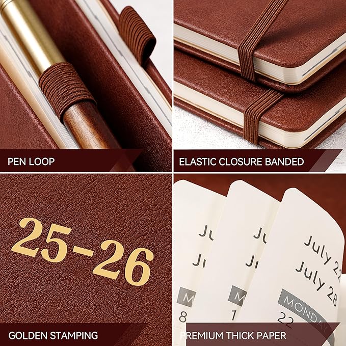 Vondafe 2025-2026 Leather Academic Planner, Weekly Monthly, Jul.2025 - Jun.2026, 9" x 11", Inner Pocket + Elastic Closure + Pen Loop + Bookmarks, Leather Hardcover - Brown
