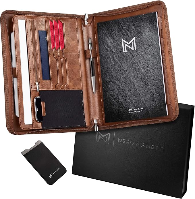 NERO MANETTI- Zippered Vegan Leather Padfolio/Portfolio Pad Holder-Business PU Leather Notepad Folder for Resumes, Interviews, iPad/Tablet, Phone, Legal Pad Notebook Executive Binder for Women, Men