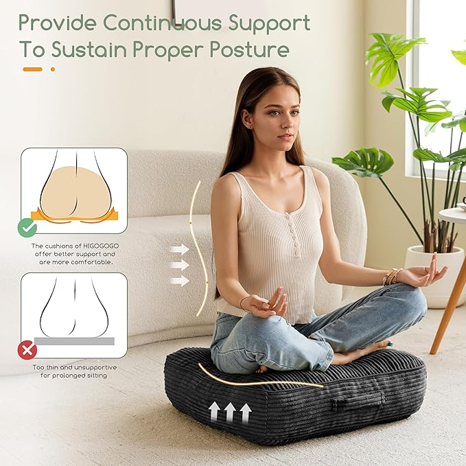 6" Washable Floor Pillow Cushion for Adults, Meditation Cushion Pillow, Large Square Floor Sitting, Removable Tufted Corduroy Cover, for Tatami Living Room or Yoga, 22x22 Inch, Machine Washable