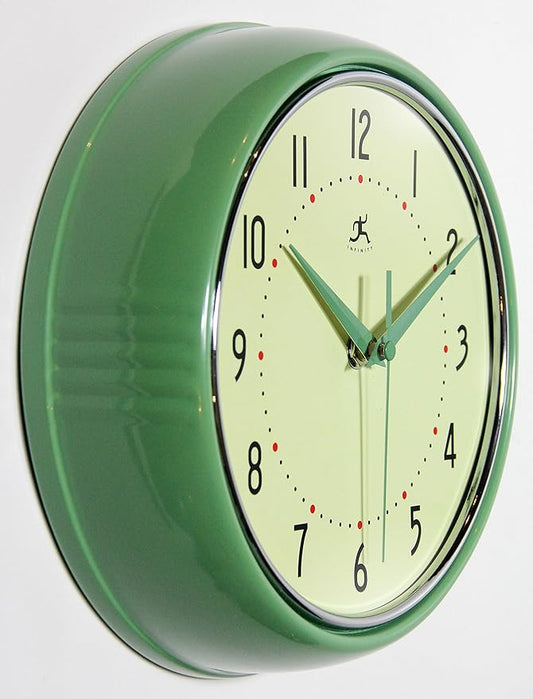 Infinity Instruments LTD. Retro 9 inch Silent Sweep Non-Ticking Mid Century Modern Kitchen Diner Wall Clock Quartz Movement Retro Wall Clock Decorative (Green)…
