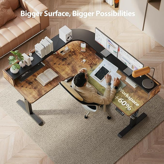 Agilestic L Shaped Standing Desk, Corner Desk with Monitor Shelf, Adjustable Height Gaming Table, Sit Stand Up Table, 63 x 55 Inch Home Office Computer Workstation, Splice Board, Rustic Brown