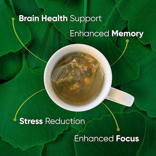 Brain Tea Focus & Memory - Organic Certified 4-in-1 Nootropic Brain Supplement with Ginkgo Biloba, Gotu Kola, Lion’s Mane Mushroom and MCT - Caffeine-Free Herbal Tea for Mental Clarity (30 Sachets)