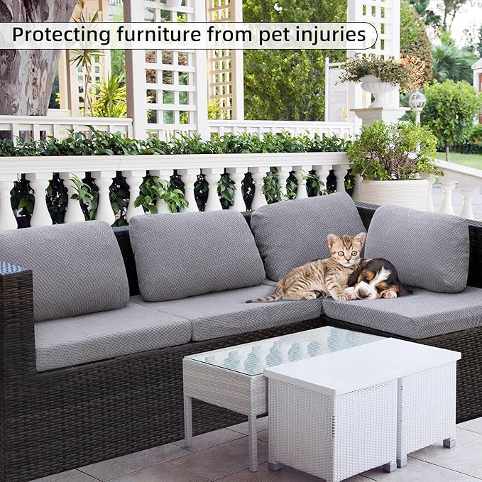 8Pcs Stretch Patio Cushion Cover Outdoor Cushion Cover Replacement Slipcovers Outdoor Cushion Covers Thick Jacquard Textured Twill Fabric Porch Patio Furniture Protector(Grey,Cover,Only)