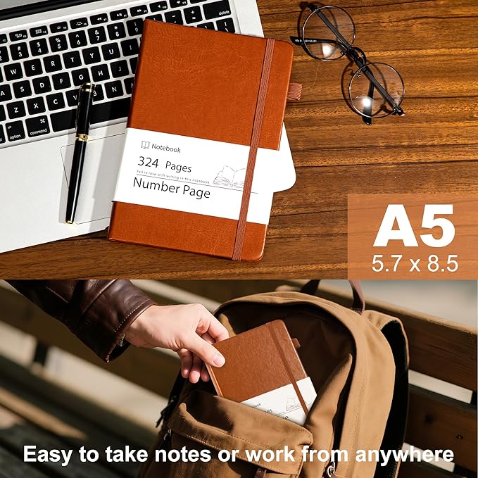 Yoment Lined Journal Notebook for Men Women 324 Pages Leather Bound Journals for Writing A5 Hardcover Journaling Notebooks 100 GSM Thick College Ruled Notebooks for Work School, Dark Brown