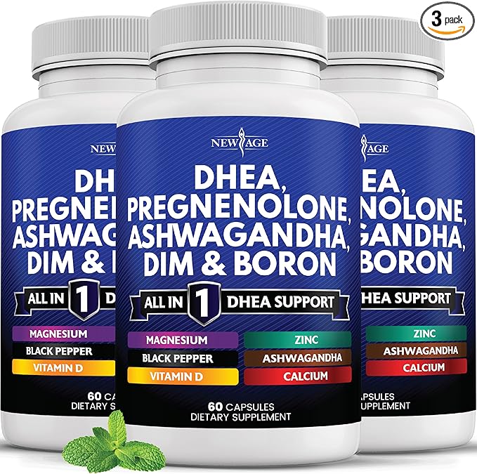 NEW AGE DHEA Supplement - Pregnenolone for Men & Women with DIM, Ashwagandha, Boron, Calcium, Magnesium, Zinc, Vitamin D3 5000iu - Support Capsules - 180 Count