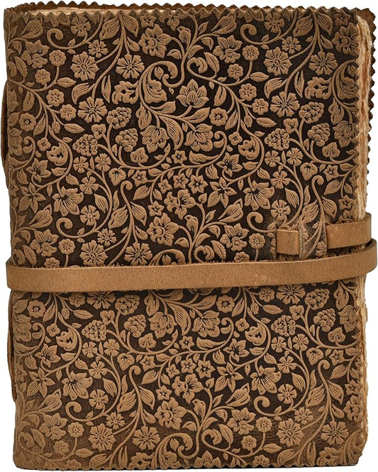 LEATHER VILLAGE Leather Bound Floral Embossed Journal for Women Men - 200 Pages, 10X7 Inches, Cappuccino Brown - Book of Shadows, Vintage Blank Paper Travel Diary, Notebook for Writing, Sketchbook