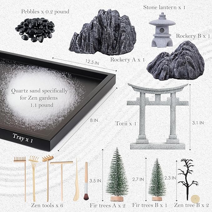 Zen Garden for Desk, Sand Tray Therapy Kit, Japanese Zen Garden Kit, Stress Relief Gifts, Meditation, Desk Decoration.