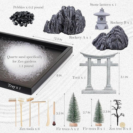 Zen Garden for Desk, Sand Tray Therapy Kit, Japanese Zen Garden Kit, Stress Relief Gifts, Meditation, Desk Decoration.