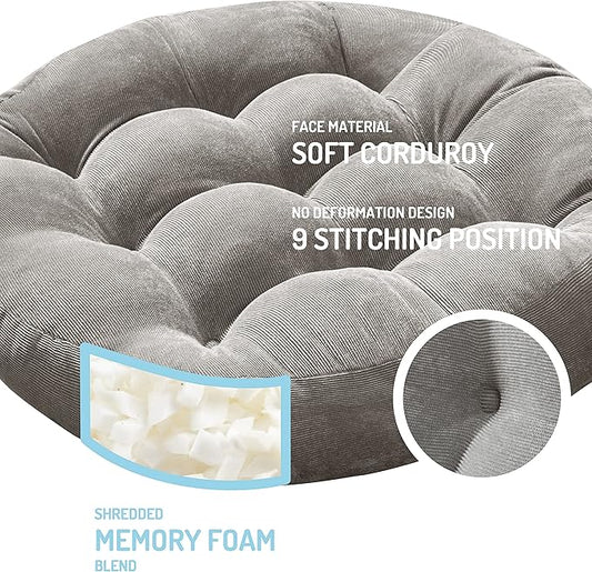 Meditation Floor Pillow Set of 2, Round Large Pillows Seating for Adults, Tufted Corduroy Cushion for Tatami Living Room, Grey, 22 Inch