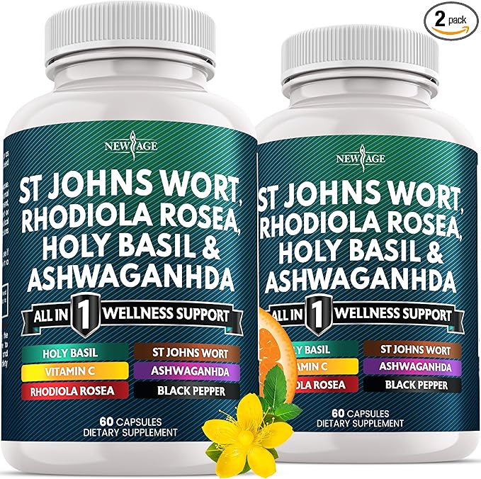 NEW AGE St Johns Wort, Rhodiola Rosea, Holy Basil, Ashwagandha - Support for Women and Men with Vitamin C & Black Pepper Extract - 120 Count