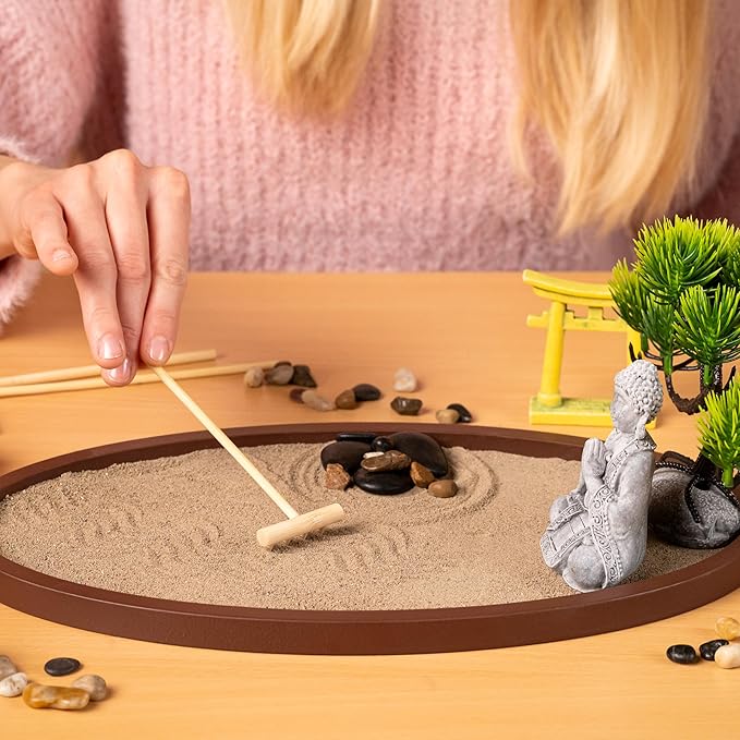 Zen Garden for Desk 13x8in – Japanese Decor with Buddha, Bonsai Tree, Tools & Accessories – Mini Zen Garden Kit for Office Desk, Home, Meditation Room, Desktop Gift Set, Sand Tray Therapy
