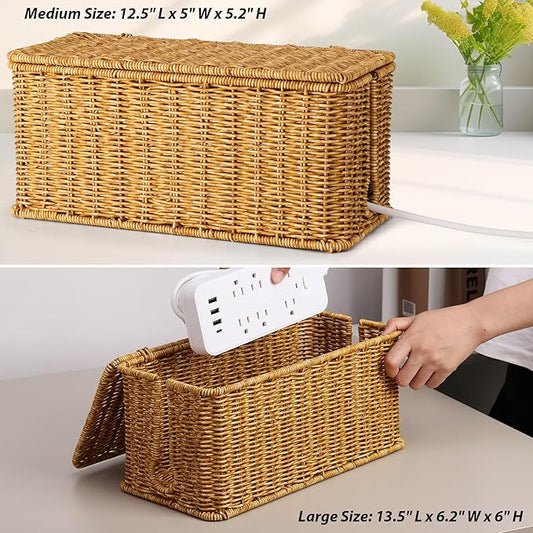 2Pack Large Cable Management Box, Handwoven Imitation Rattan Cord Organizer Cord Hider Box, Desk Wire Management to Hide Cords and Power Strips, Natural