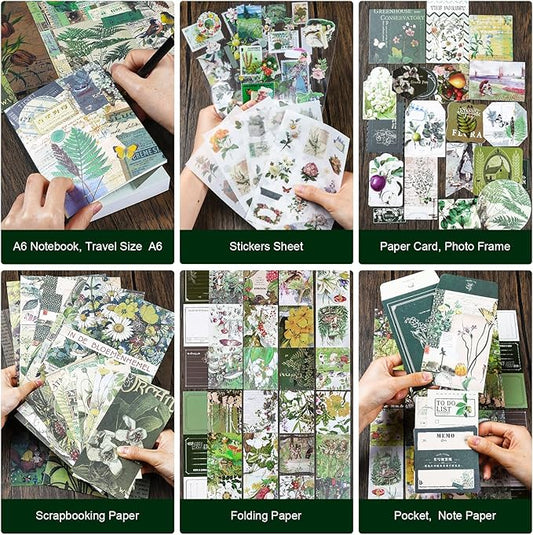 Scrapbooking Supplies Kit, Vintage Aesthetic Scrapbook Kit, Junk Journal Supplies with Scrapbooking Paper A6 Grid Notebook, Journaling Supplies, Birthday Craft Gift for Adult Teen Girl Kid, Botanical