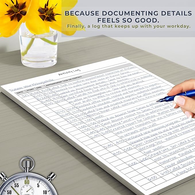 Activity Log Notepad – Daily Tracker Planning Pad for Office Productivity, Task Tracking & Time Management Planner – Work Communication Logbook Timesheet, Get Organized – 8.5 x 11 Legal Pad, 60 Page