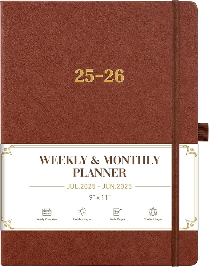 Vondafe 2025-2026 Leather Academic Planner, Weekly Monthly, Jul.2025 - Jun.2026, 9" x 11", Inner Pocket + Elastic Closure + Pen Loop + Bookmarks, Leather Hardcover - Brown