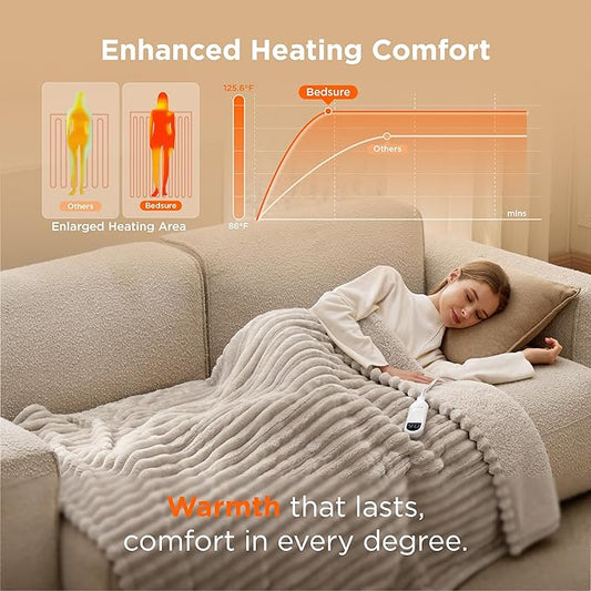 Bedsure Heated Blanket Electric Throw - Thick Striped Flannel Electric Blanket, Heating with 4 Time Settings, 6 Heat Settings, and 3-Hour Timer Auto Shut Off, Gift for Grandma (50x60 inches, Linen)