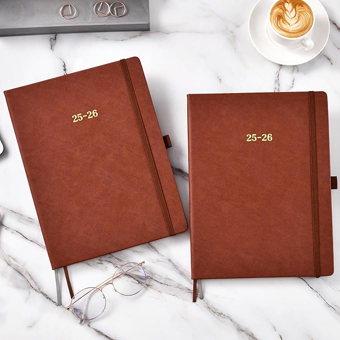Vondafe 2025-2026 Leather Academic Planner, Weekly Monthly, Jul.2025 - Jun.2026, 9" x 11", Inner Pocket + Elastic Closure + Pen Loop + Bookmarks, Leather Hardcover - Brown