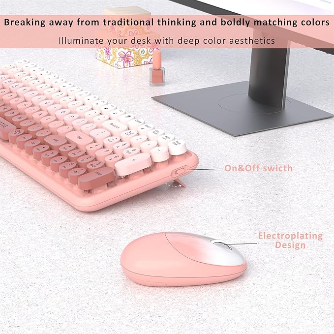 Wireless Keyboards and Mouse Combos, UBOTIE Colorful Gradient Rainbow Colored Retro Typewriter Flexible Keyboard, 2.4GHz Connection and Optical Mouse(Peach Gradient)