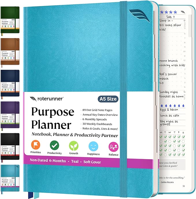 Roterunner Purpose Planner Notebook A5 5.8”x8.3” Undated 2025 Daily Weekly and Monthly Productivity Goal Setting Tool for Work Home ADHD Planner for Adults Self Care Journal (Teal Softcover)