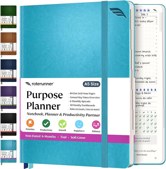 Roterunner Purpose Planner Notebook A5 5.8”x8.3” Undated 2025 Daily Weekly and Monthly Productivity Goal Setting Tool for Work Home ADHD Planner for Adults Self Care Journal (Teal Softcover)