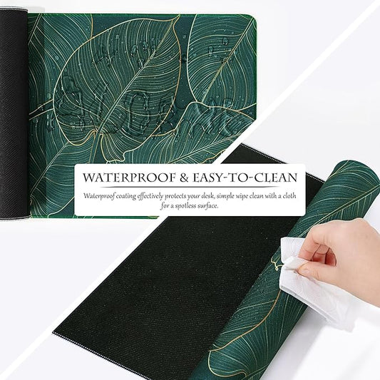 ALOANES Waterproof Mouse Pad with Durable Stitched Edge, XL Gaming Keyboard Pad, Non-Slip Rubber Base, Extended Desk pad for Gamer, Office & Home, Green Leaves Mousepad 31.5''x 11.8''x 0.12''