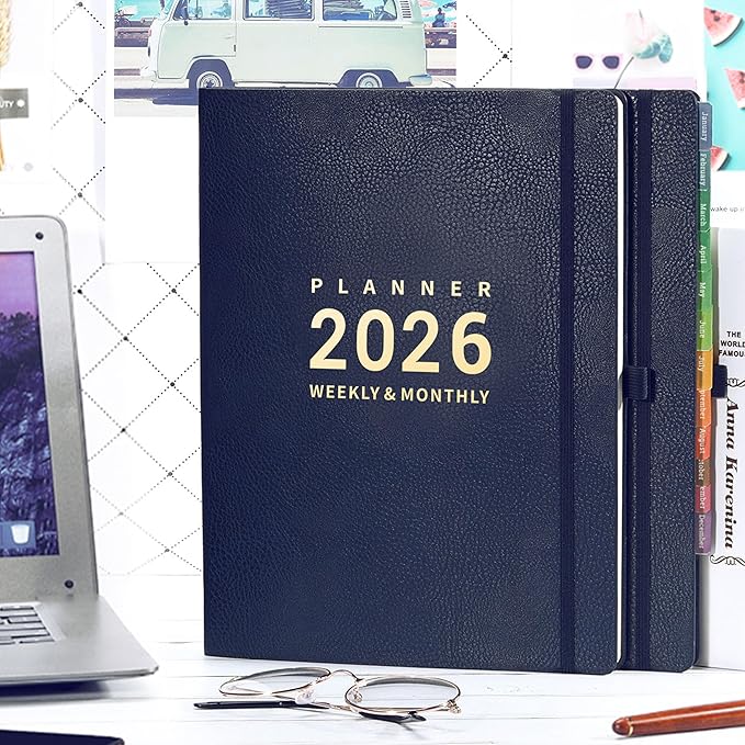 2026 Planner - Jan 2026 - Dec 2026, 2026 Planner Weekly and Monthly, 8.5" x 11", Pen Holder, Calendar Stickers, Pocket, 25 Notes Pages, Faux Leather Cover, A4 Premium Paper - Blue