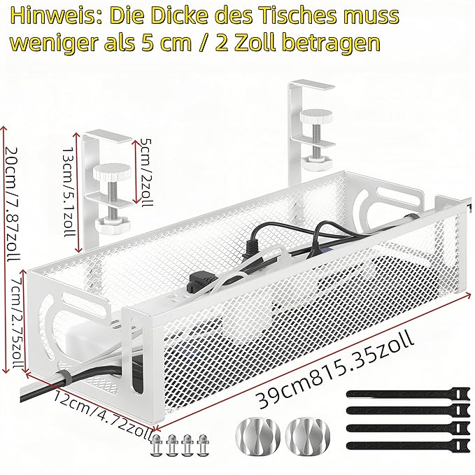 Under Desk Cable Management Tray - Management Organizers Holder, Management Under, No Drill to Desk Cable Raceway, Under Storage for Office, Kitchens, Home (White)