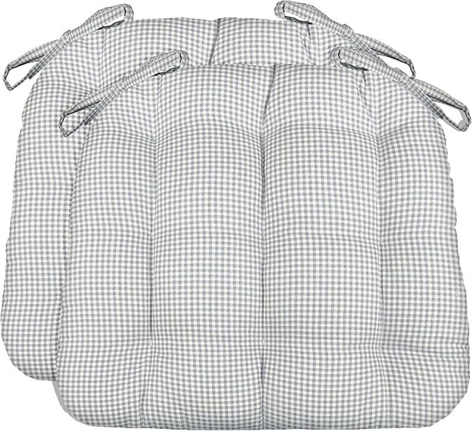 Barnett Home Decor Dining Chair Cushions, 16.5 x 18, Pack of 2 – Madrid Grey Gingham Check – 100% Cotton, Latex Foam Fill