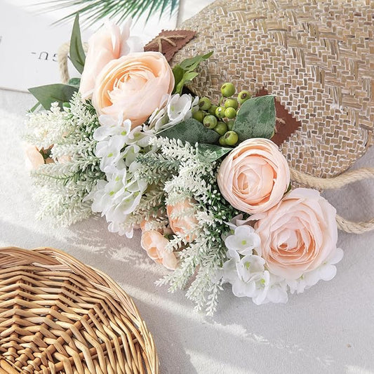 Faux Flowers in Vase for Table Decor, Fake Roses Lavender Plant Artificial Flowers in Vase, Silk Flower Bouquet Floral Arrangements for Home Decor Indoor Office Coffee Table Centerpiece, PeachPink