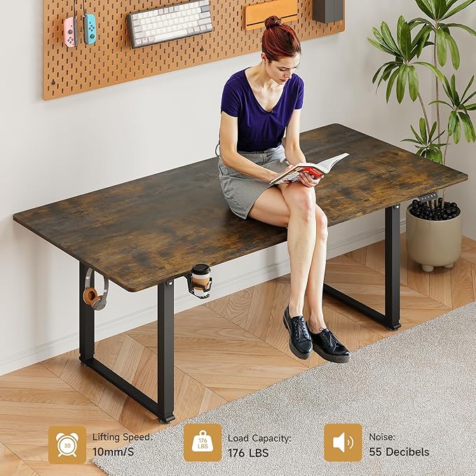 71x32 Inch Adjustable Standing Desk with 4 Legs, Stand-up Desk Features a Rectangular Top, Dual-Motor Lift, and Memory Presets (28-46Inch) for Home Offices or Computer Workstations, Rustic Brown