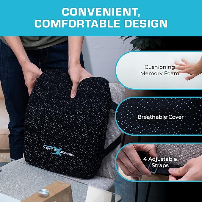 Xtreme Comforts Lumbar Back Support Pillow for Office Chair Cushion, House Chair Cushions, & Car Truck Seat - Memory Foam Office Chair Back Support w/Adjustable Strap - Help Improve Sitting Posture