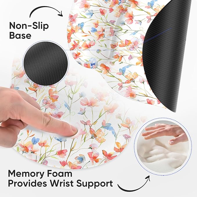 RICHEN Ergonomic Mouse Pad with Wrist Support,Non-Slip Rubber Base for Computer Laptop & Mac,Lightweight Rest for Home,Office & Travel (Flowers1)
