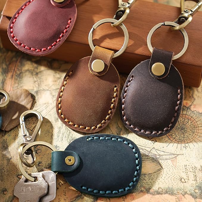 Genuine Leather Airtag Holder, Portable Air Tag Keychain with Key Rings Full Coverage Air Tags Hidden Case Cover Compatible for AirTags Red