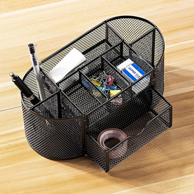 Amazon Basics Pen Holder and Desk Organizer, Office Caddy Storage, Black, 9.25" x 4.53" x 3.94"