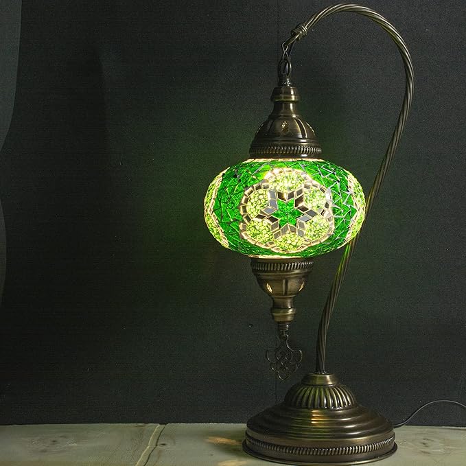 mozaist Moroccan Mosaic Tiffany Style Desk Lamp, Turkish Stained Glass Handmade Bedside Gooseneck Table Lamp, Bohemian Living Room Vintage Light with E12 Socket & US Plug (Dark Green)