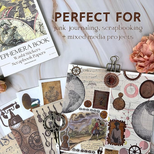 411 Vintage Washi Stickers & 20 Scrapbook Papers Ephemera for Junk Journals & Scrapbooking