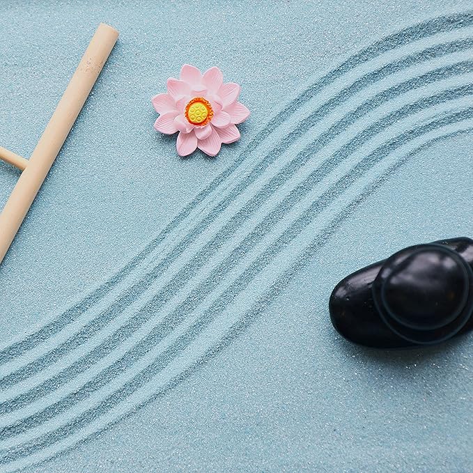 Oasis of Calm Zen Garden Kit. 11x8 Inch Beautiful Premium Japanese Decor Mini Meditation Gifts Set. Home, Office Desk Accessories. Zen Decor Sand Garden. Aqua Blue Sand, 6 Tools, 6 Features incl rocks