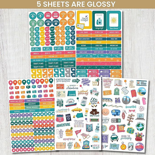 bloom daily planners Travel Planner Stickers - 8 Sheets / 450 Stickers - Adventure Variety Pack for Trip Planning, Scrapbooking, Calendar Decorating, Vacation Journaling - Colorful Icons & Quotes