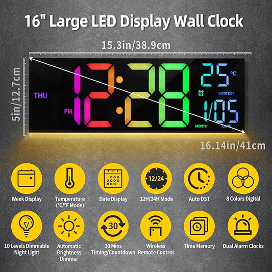 8 Colors Digital Wall Clock, 16.2" Large Digital Clock with Temperature, Date, Auto DST, Night Light, Auto Brightness Dimmer, 24/12-hour Wall Clock for Living Room Office Classroom Gym