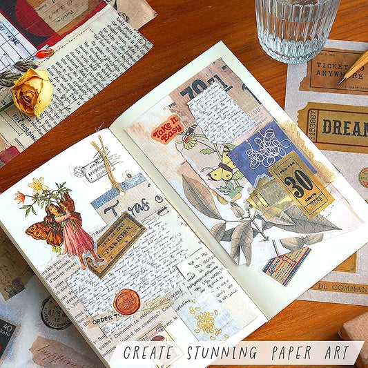 Vintage Washi Stickers for Journaling - Ephemera Book for Journaling with 414 Stickers & 20 Scrapbook Papers. Junk Journal Supplies, Scrapbooking Supplies