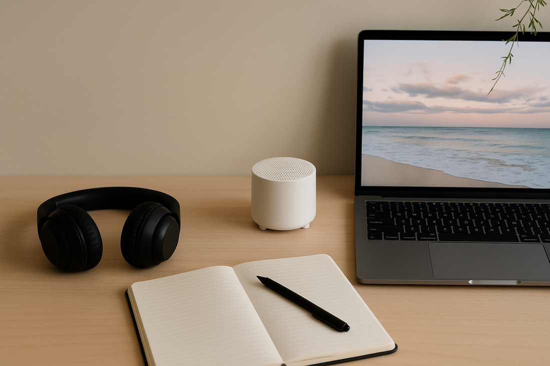 A minimalist workspace featuring wireless headphones, a calm background environment, and soft lighting, illustrating the use of ambient sound for focused work or study.