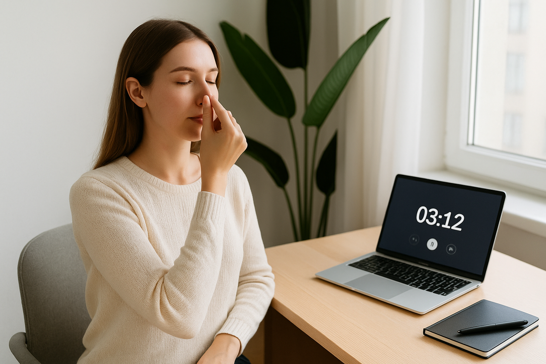 Focusory thumbnail of a woman practicing breathing techniques at a desk with a timer, representing calm and clarity