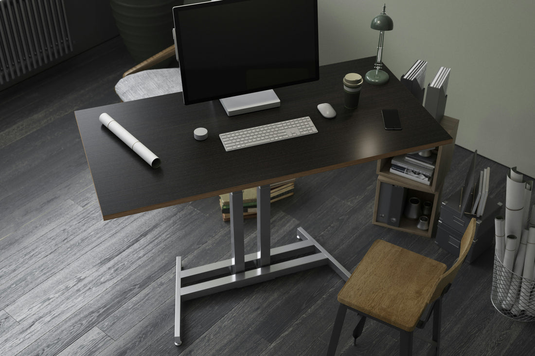 Focusory ergonomic desk setup with adjustable desk, monitor, keyboard, and modern workspace design for fatigue prevention