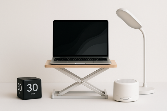 Focusory laptop placed on an adjustable riser with desk timer, lamp, and speaker, representing ergonomic posture and productivity tools