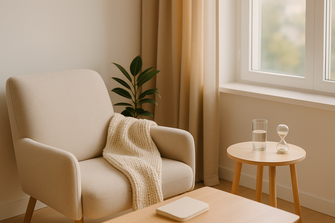 Focusory thumbnail of a serene lounge corner with armchair, hourglass, and natural light for mindful breaks and calm productivity