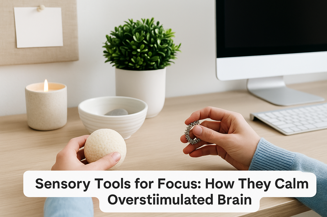 Focusory thumbnail image showing sensory tools on a desk with a stress ball, tactile ring, candle, and plant for calming focus environment