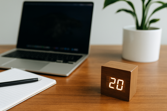 Focusory thumbnail showing a smart timer on a wooden desk with a laptop, notebook, and plant in a bright modern workspace