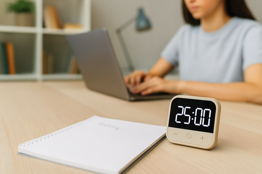 Focusory thumbnail of a student studying with a digital timer and notebook on a bright desk, representing effective study tools for kids and teens