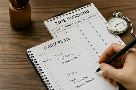 Focusory thumbnail showing a daily planner and time blocking notebook on a desk with a hand writing tasks for productivity